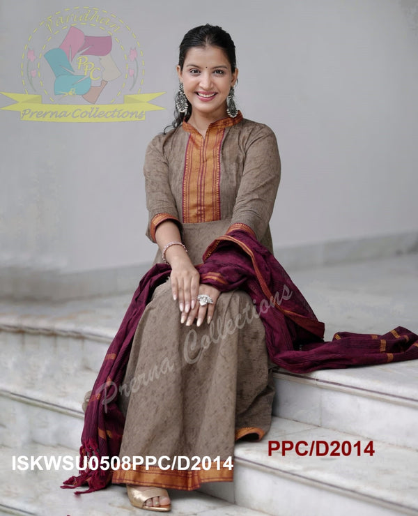 Handloom Cotton Anarkali Kurti With Pant And Dupatta-ISKWSU0508PPC/D2014