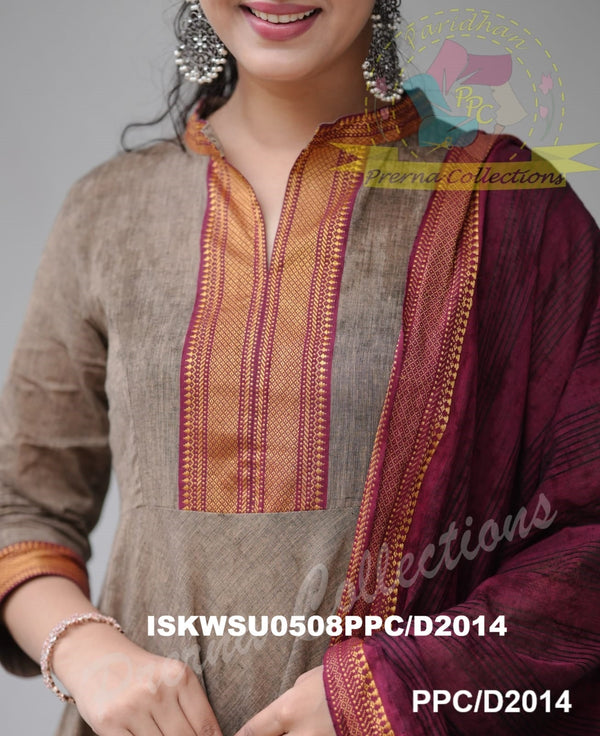 Handloom Cotton Anarkali Kurti With Pant And Dupatta-ISKWSU0508PPC/D2014