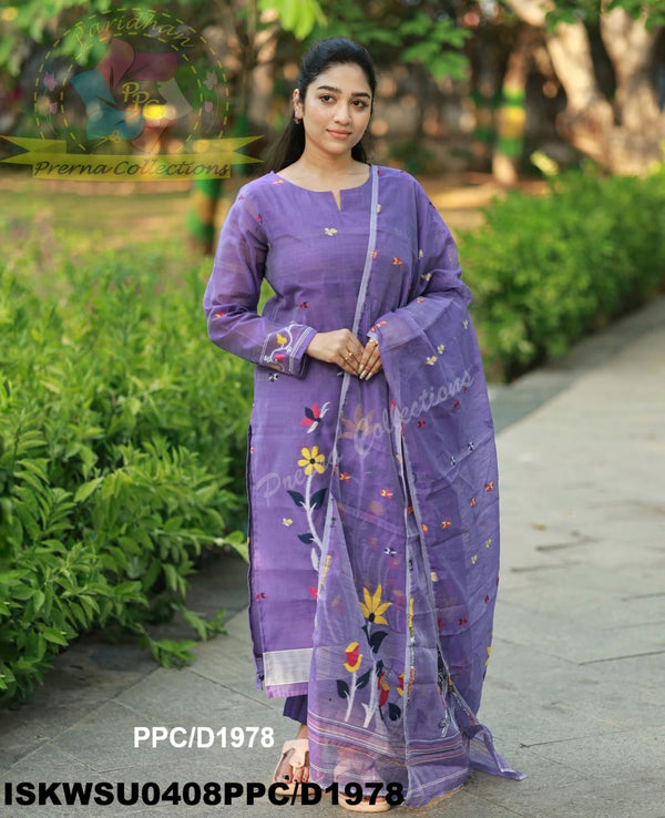 Hand Woven Jamdani Cotton Kurti With Pant And Woven Dupatta-ISKWSU0408PPC/D1978