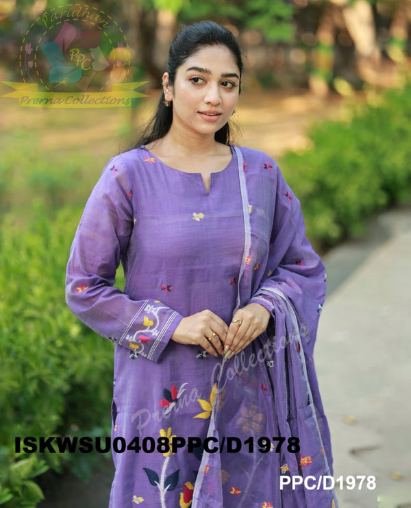 Hand Woven Jamdani Cotton Kurti With Pant And Woven Dupatta-ISKWSU0408PPC/D1978