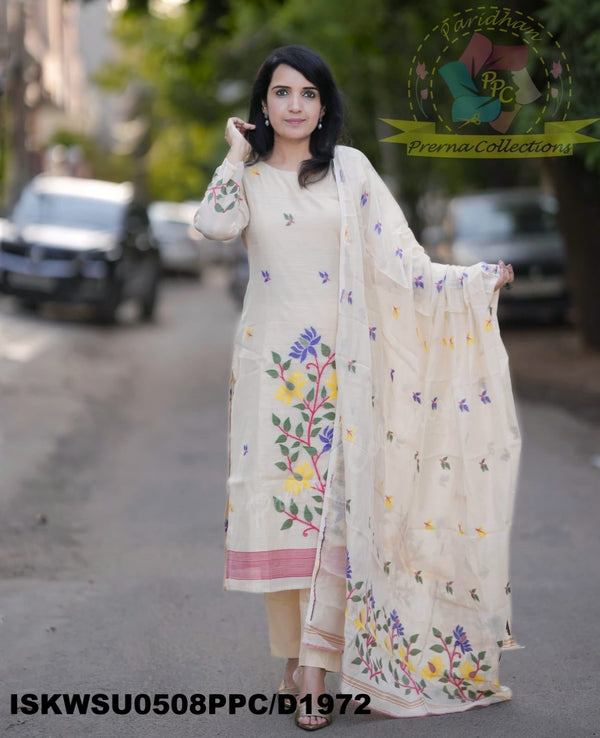 Hand Jamdani Weaved Cotton Kurti With Pant And Dupatta-ISKWSU0508PPC/D1972