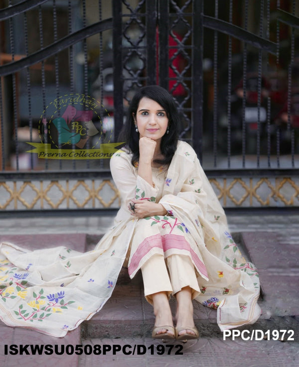 Hand Jamdani Weaved Cotton Kurti With Pant And Dupatta-ISKWSU0508PPC/D1972