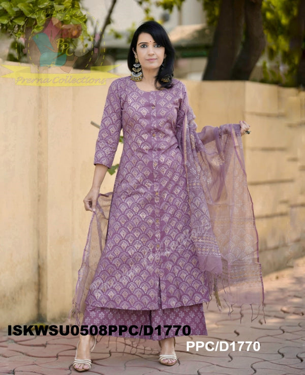 Hand Block Printed Cotton Kurti With Block Printed Pant And Kota Doriya Dupatta-ISKWSU0508PPC/D1770