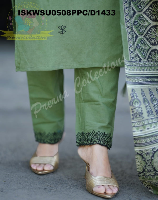 Embroidered Khadi Kurti With Pant And Digital Printed Khadi Silk Dupatta-ISKWSU0508PPC/D1433