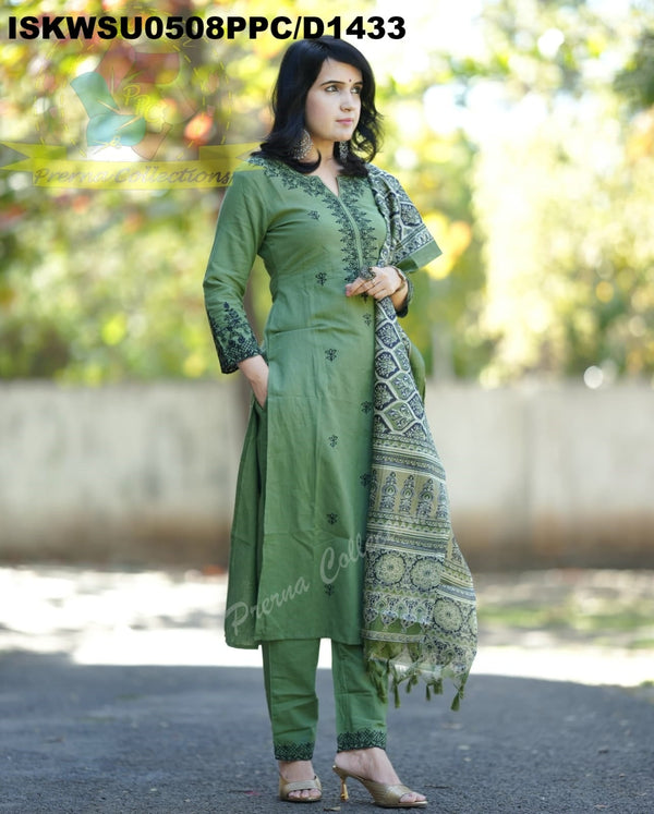 Embroidered Khadi Kurti With Pant And Digital Printed Khadi Silk Dupatta-ISKWSU0508PPC/D1433