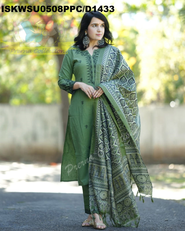 Embroidered Khadi Kurti With Pant And Digital Printed Khadi Silk Dupatta-ISKWSU0508PPC/D1433