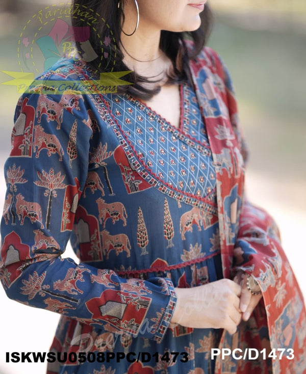 Ajrakh Printed Cotton Anarkali Kurti With Pant And Malmal Cotton Dupatta-ISKWSU0508PPC/D1473
