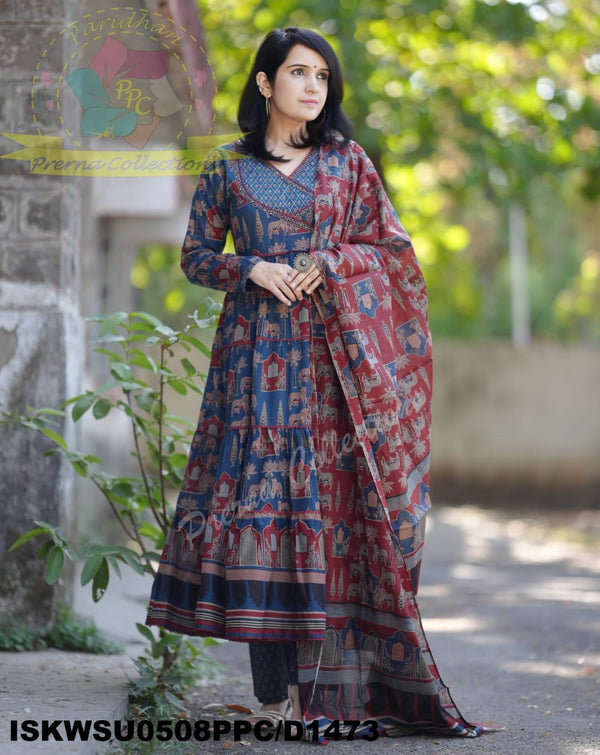 Ajrakh Printed Cotton Anarkali Kurti With Pant And Malmal Cotton Dupatta-ISKWSU0508PPC/D1473