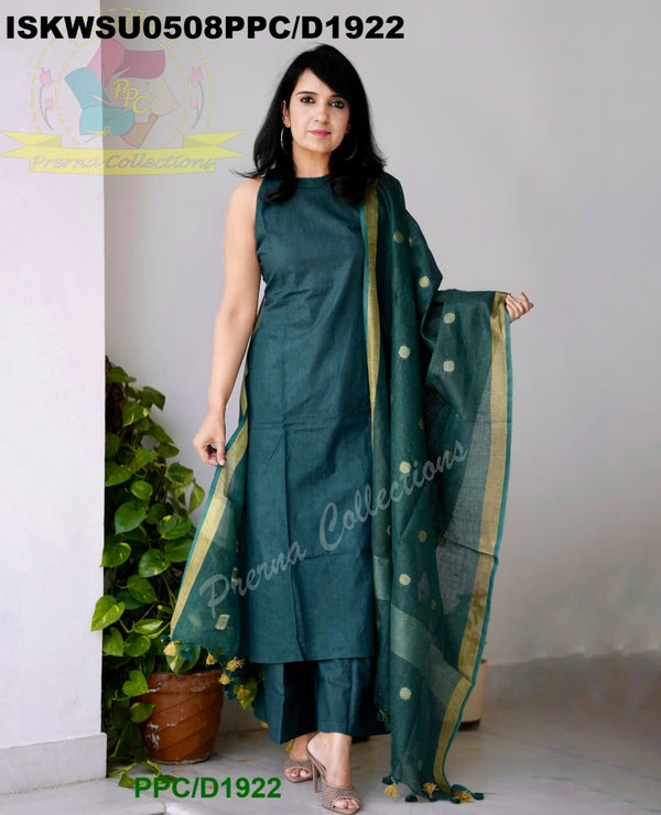 Handloom A-Line Kurti With Handloom Cotton Palazzo And Linen Dupatta-ISKWSU0508PPC/D1922
