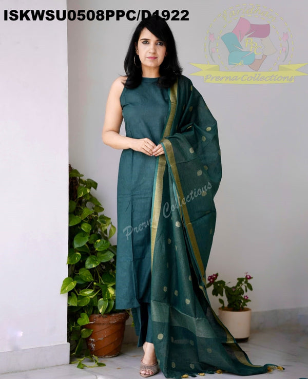 Handloom A-Line Kurti With Handloom Cotton Palazzo And Linen Dupatta-ISKWSU0508PPC/D1922