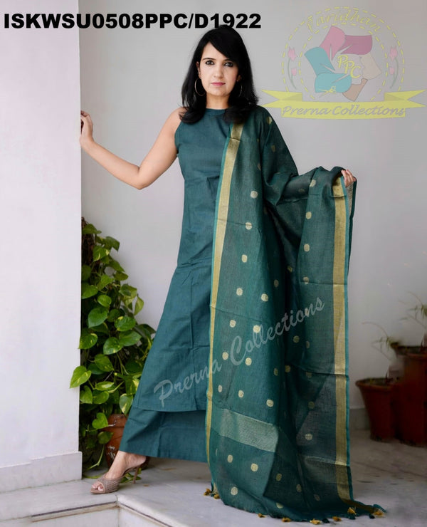 Handloom A-Line Kurti With Handloom Cotton Palazzo And Linen Dupatta-ISKWSU0508PPC/D1922