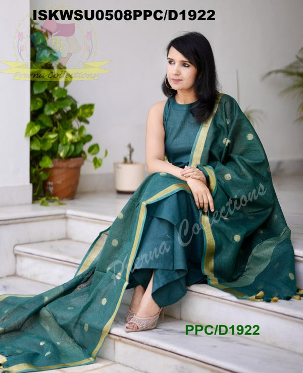 Handloom A-Line Kurti With Handloom Cotton Palazzo And Linen Dupatta-ISKWSU0508PPC/D1922