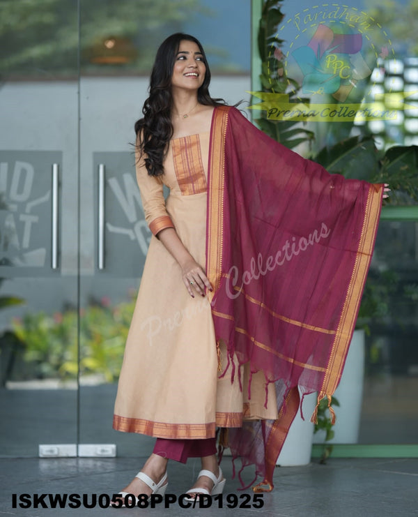Handloom Cotton Anarkali Kurti With Pant And Dupatta-ISKWSU0508PPC/D1925