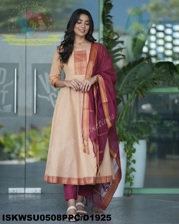 Handloom Cotton Anarkali Kurti With Pant And Dupatta-ISKWSU0508PPC/D1925