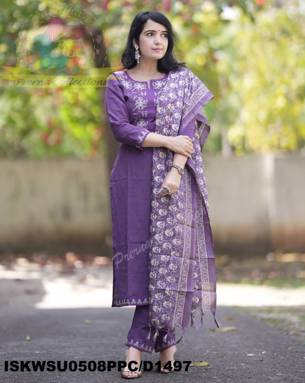 Khadi Cotton Kurti With Khadi Pant And Digital Printed Khadi Silk Dupatta-ISKWSU0508PPC/D1497