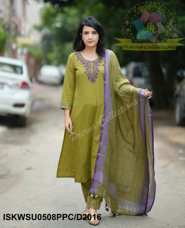 Embroidered Khadi Cotton Kurti With Khadi Pant And Linen Dupatta-ISKWSU0508PPC/D2016