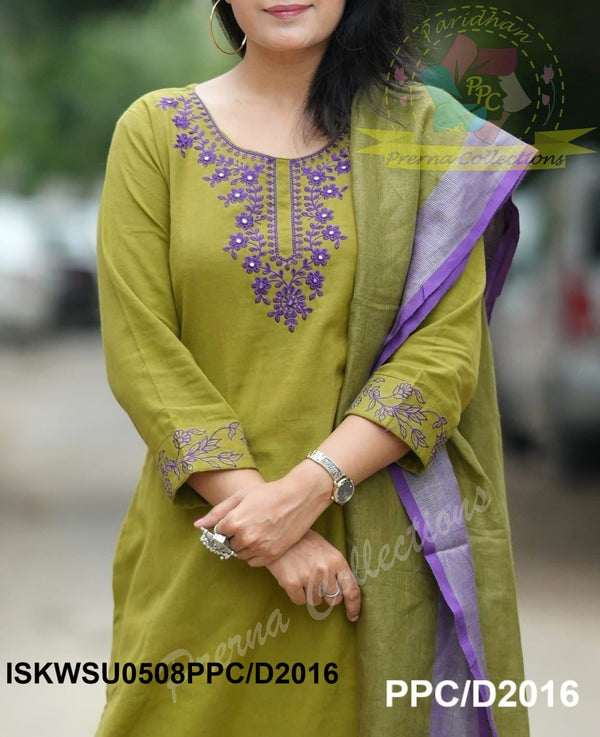 Embroidered Khadi Cotton Kurti With Khadi Pant And Linen Dupatta-ISKWSU0508PPC/D2016
