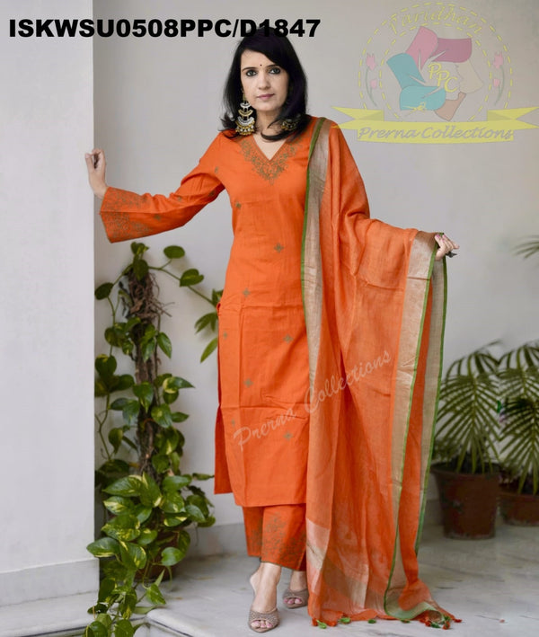 Embroidered Cotton Kurti With Palazzo And Linen Dupatta-ISKWSU0508PPC/D1847