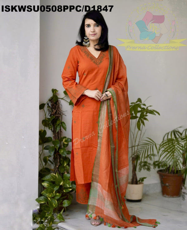Embroidered Cotton Kurti With Palazzo And Linen Dupatta-ISKWSU0508PPC/D1847