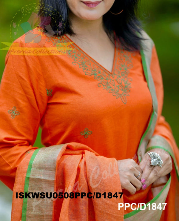 Embroidered Cotton Kurti With Palazzo And Linen Dupatta-ISKWSU0508PPC/D1847