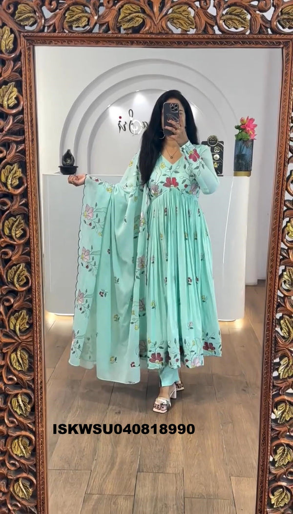 Embroidered Georgette Anarkali Kurti With Pant And Dupatta-ISKWSU040818990