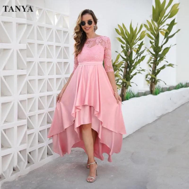 Party Dresses Short Front Long Back Prom Half Sleeves Two Tiered High Low Lace Formal Women Evening Gown Fashion Dress YSAN1624