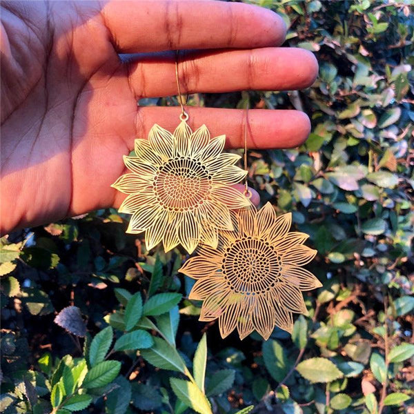 Gold Openwork Sunflower Earrings - Ishaanya