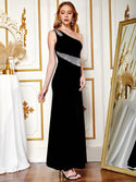 Elegant One Shoulder Rhinestone Split Thigh Formal Evening Party Dress Black Prom Gown 027 075 411 - Ishaanya