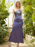 One Shoulder Embroidery Splicing Satin Lace Up Evening Dress Blue 520 - Ishaanya