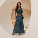 Women's Elegant V Neck Floral Sequin Short Sleeves Slit Sexy Backless Long Evening Dress A-Line Blue 908 - Ishaanya