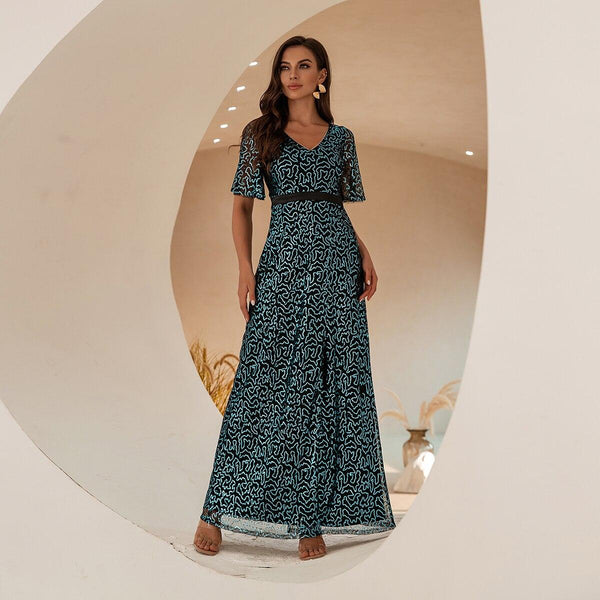 Women's Elegant V Neck Floral Sequin Short Sleeves Slit Sexy Backless Long Evening Dress A-Line Blue 908 - Ishaanya