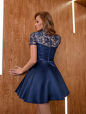 Women's Round Neck Floral Lace A-Line Satin Short Sleeves Mini Evening Dress Ball Gown Blue 950 - Ishaanya