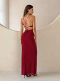 Women's Sexy Prom Gown Spaghetti Strap Cut Out Backless Lace Up Glitter Long Mermaid Formal Evening Dress Red 783 - Ishaanya