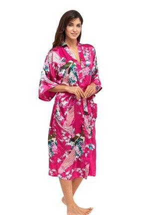 Brand New Black Women Silk Kimono Robes Long Sexy Nightgown Vintage Printed Night Gown Flower Plus Size S M L XL XXL XXXL A-045 - Ishaanya