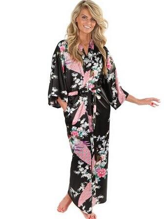 Brand New Black Women Silk Kimono Robes Long Sexy Nightgown Vintage Printed Night Gown Flower Plus Size S M L XL XXL XXXL A-045 - Ishaanya