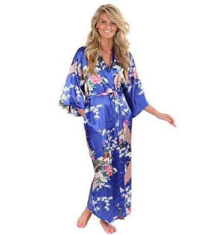 Brand New Black Women Silk Kimono Robes Long Sexy Nightgown Vintage Printed Night Gown Flower Plus Size S M L XL XXL XXXL A-045 - Ishaanya