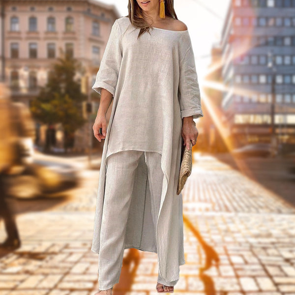 Fashion Halfsleeve Oneck Irregular Long Tops And Trousers Suit Solid   Ishaanya