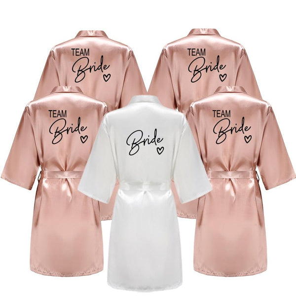 Wedding Party Team Bride Robe With Black Letters Kimono Satin Pajamas Bridesmaid Bathrobe SP003 - Ishaanya