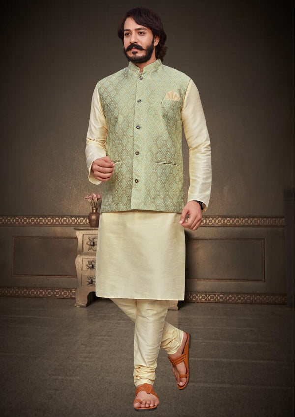 Art Silk Kurta With Pajama And Nehru Jacquard Jacket