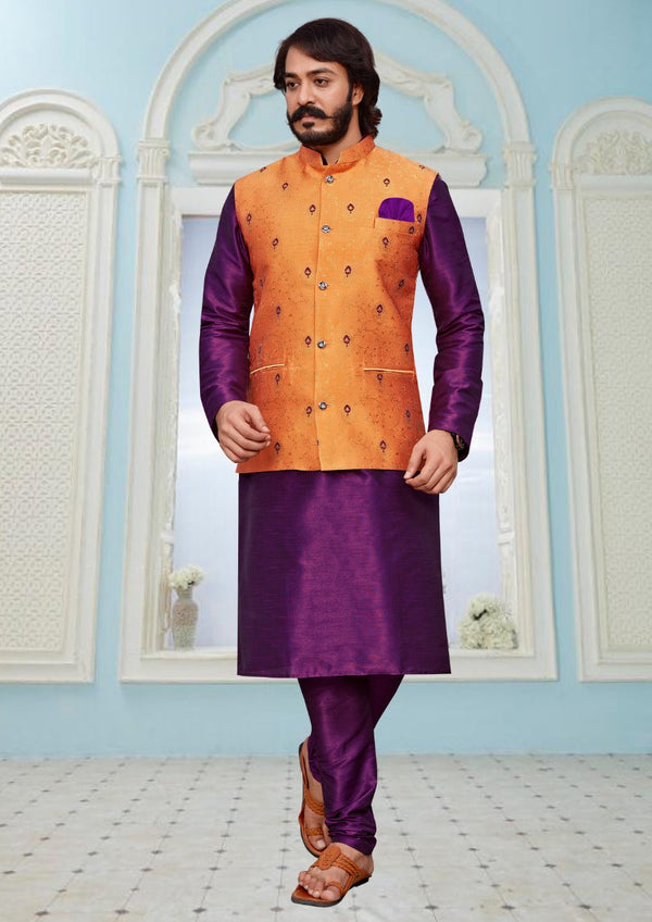 Art Silk Kurta With Pajama And Nehru Jacquard Jacket