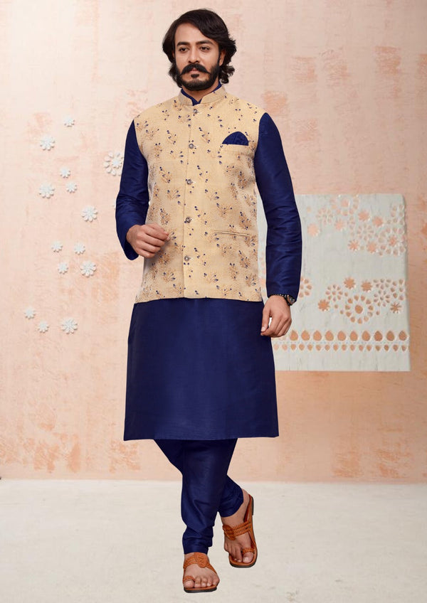 Art Silk Kurta With Pajama And Jacquard Nehru Jacket