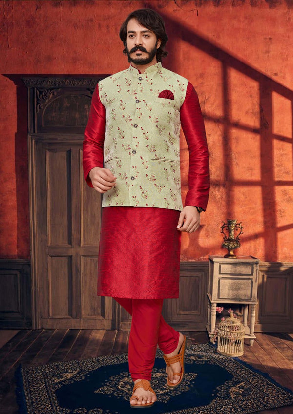 Buy online Red Self Designed Nehru Jacket from Jackets for Men by V-mart  for ₹810 at 10% off | 2024 Limeroad.com