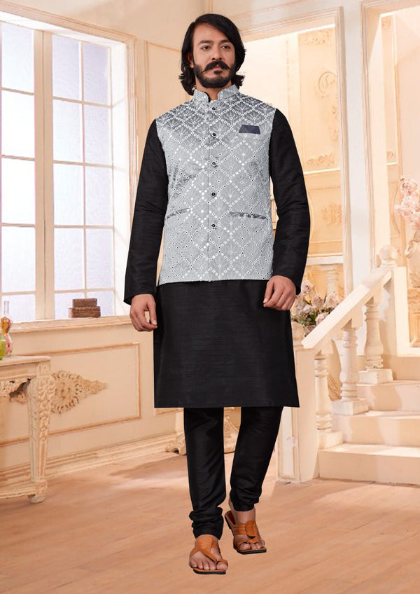 Art Silk Kurta With Nehru Jacket