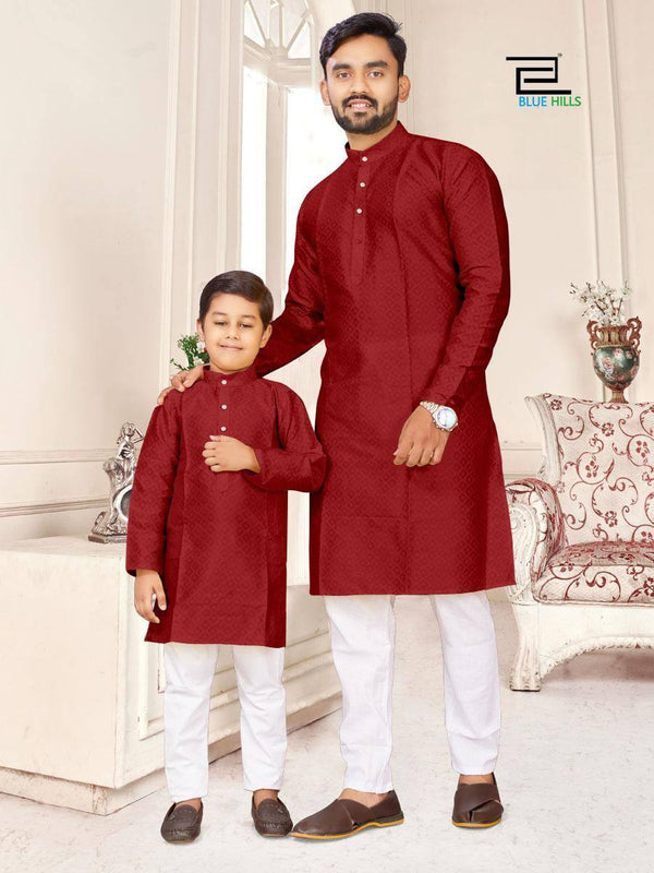 Men's And Kid's Silk Jacquard Kurta With Pajama