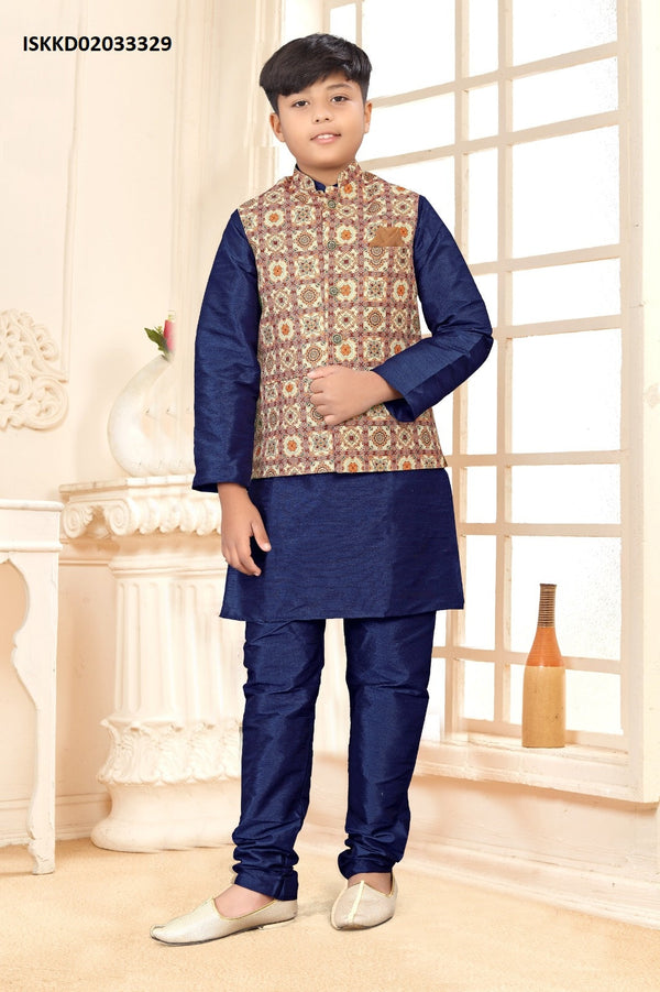 Kid's Silk Kurta With Pajama And Nehru Jacket-ISKKD02033329