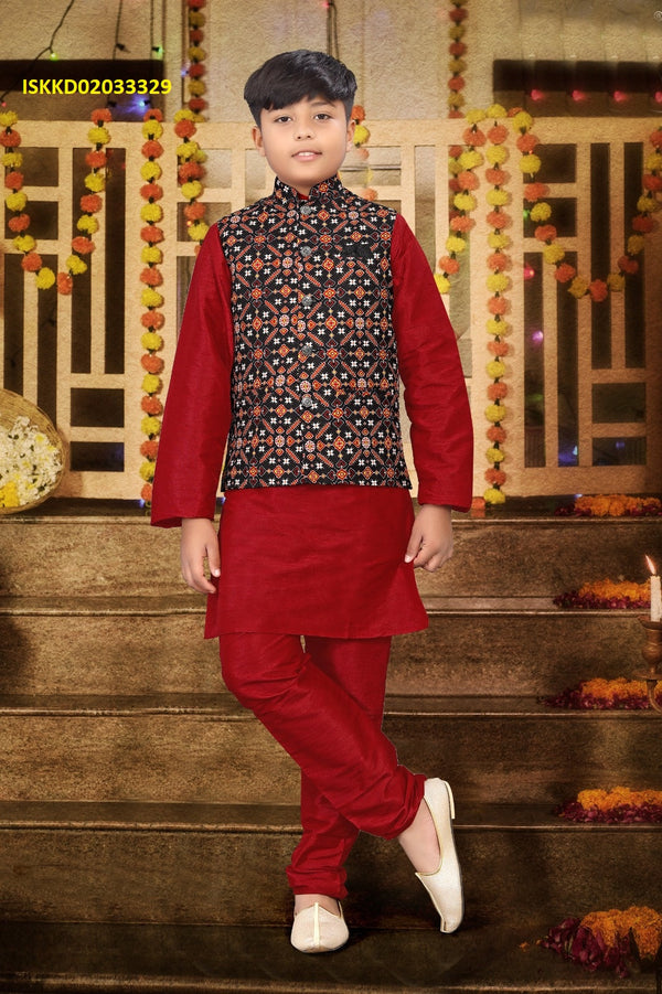 Kid's Silk Kurta With Pajama And Nehru Jacket-ISKKD02033329