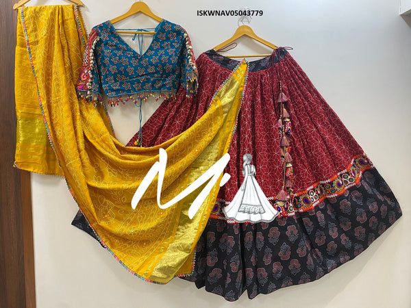 Kalamkari Printed Cotton Lehenga With Blouse And Bandhej Printed Gaji Silk Dupatta-ISKWNAV05043779