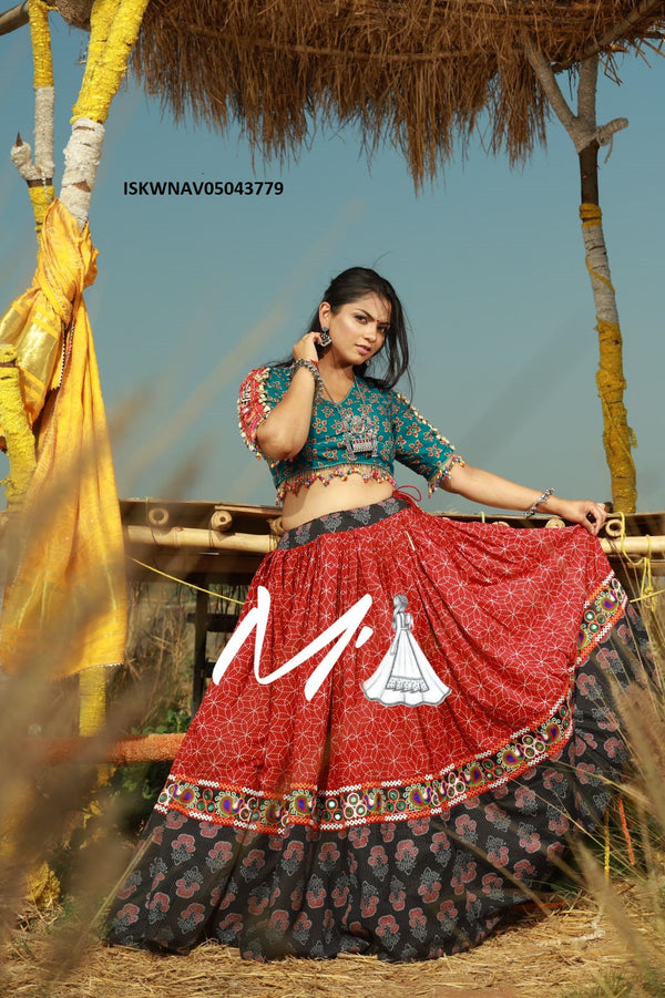 Kalamkari Printed Cotton Lehenga With Blouse And Bandhej Printed Gaji Silk Dupatta-ISKWNAV05043779