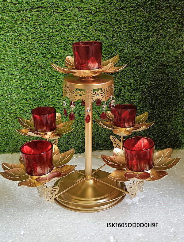 Lotus Tealight Stand With Red Glass-ISK1605DD0D0H9F