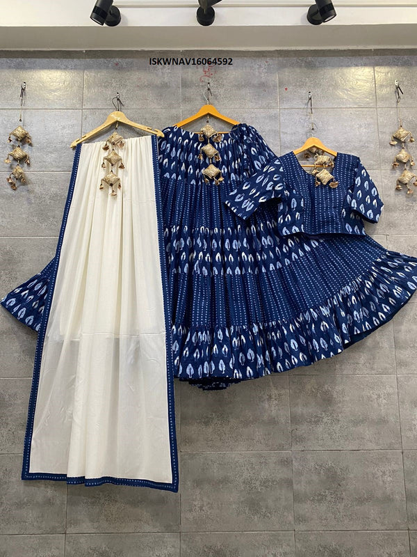 Printed Denim Lehenga With Blouse And Dupatta-ISKWNAV16064592